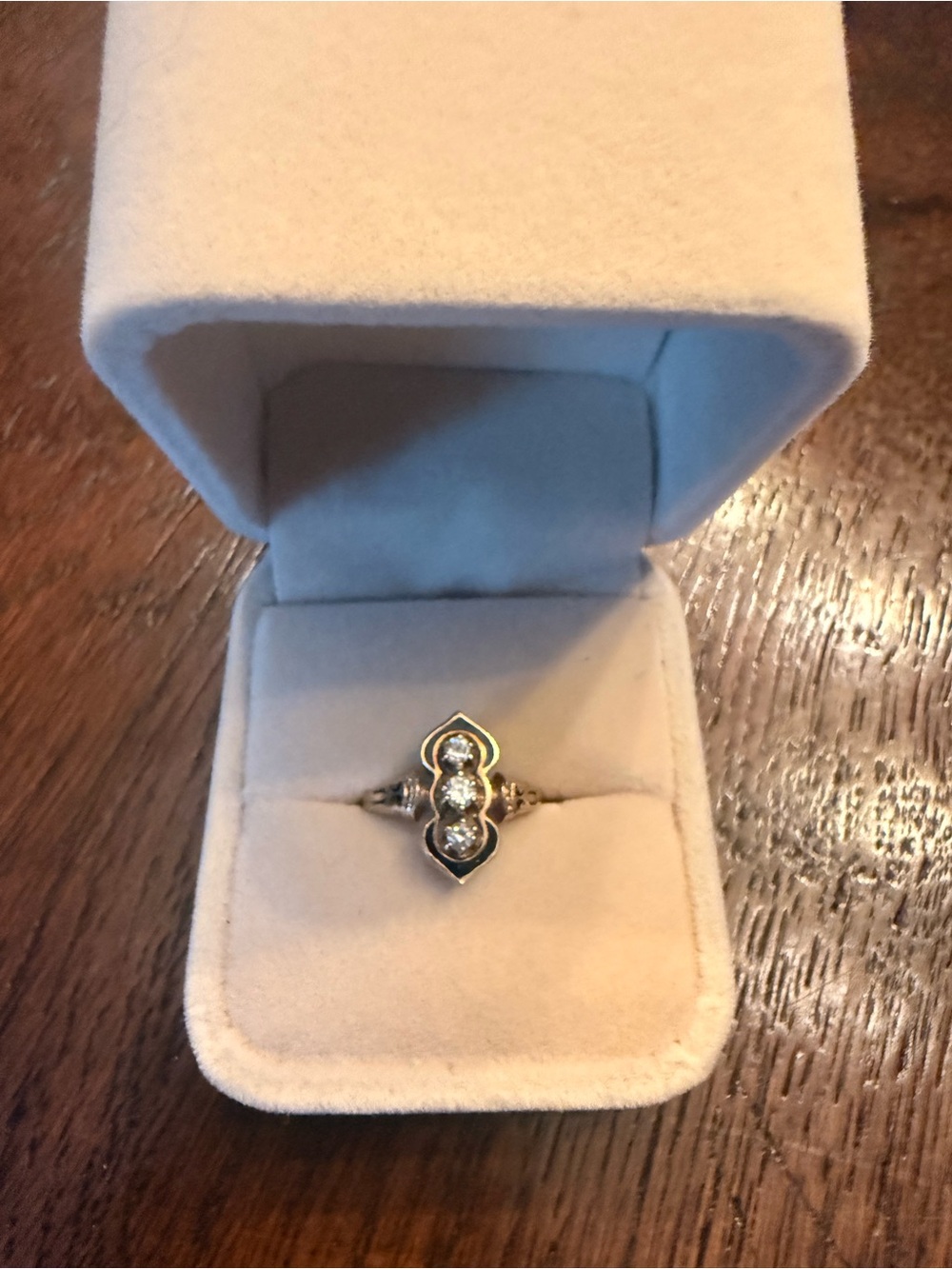 Vintage 14KP Gold Black Enamel 3-Diamond Ring Victorian Revival Estate Jewelry